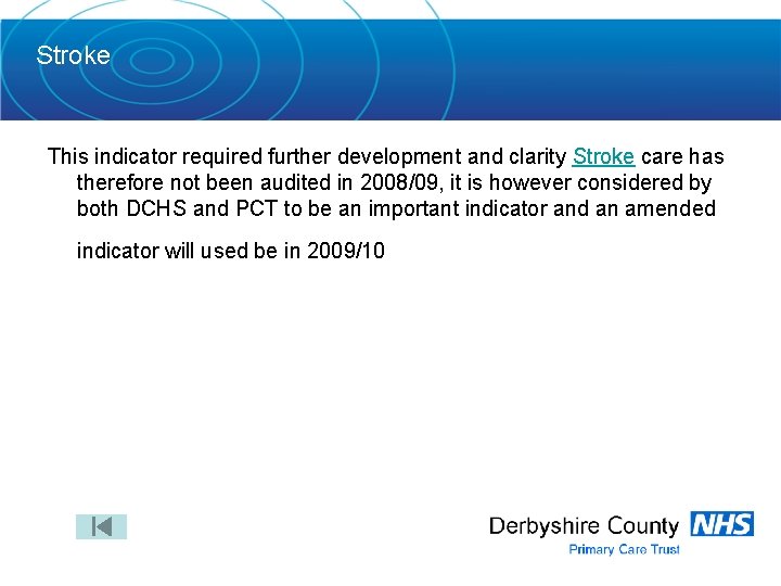 Stroke This indicator required further development and clarity Stroke care has therefore not been