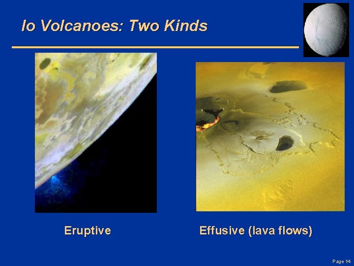 Io Volcanoes: Two Kinds Eruptive Effusive (lava flows) Page 14 