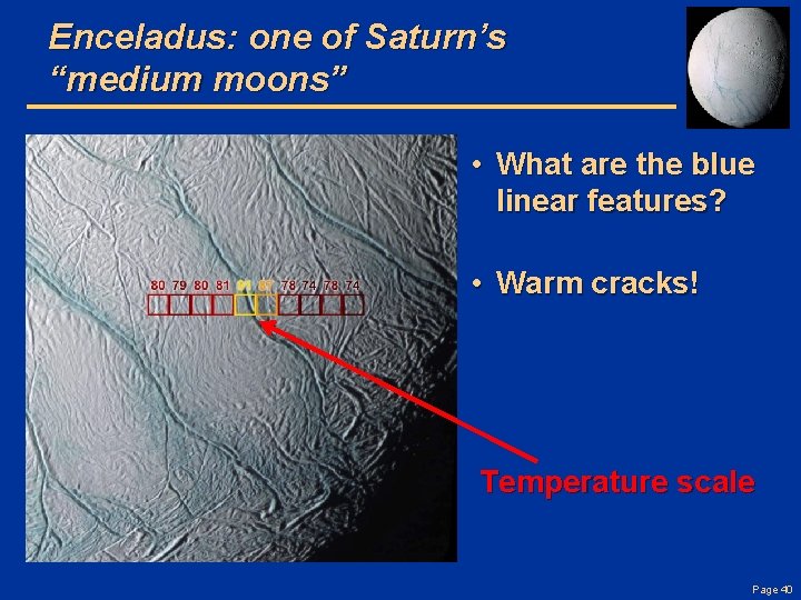 Enceladus: one of Saturn’s “medium moons” • What are the blue linear features? •