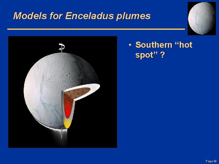 Models for Enceladus plumes • Southern “hot spot” ? Page 42 