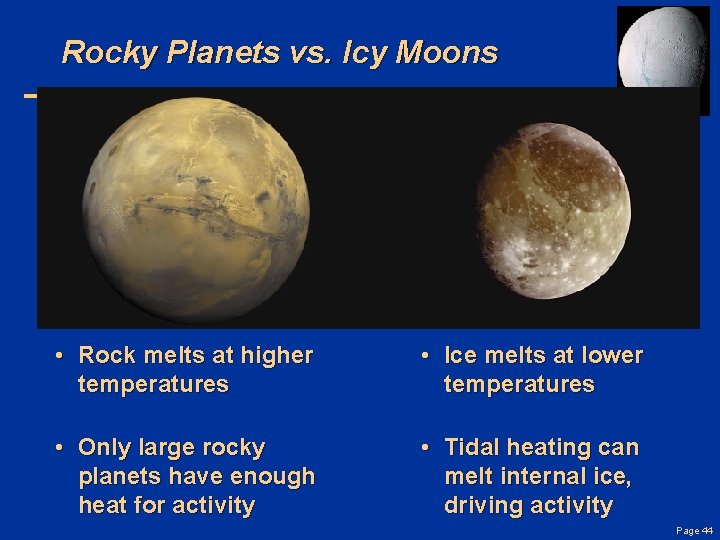 Rocky Planets vs. Icy Moons • Rock melts at higher temperatures • Ice melts