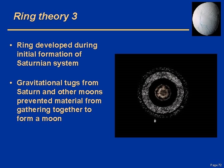 Ring theory 3 • Ring developed during initial formation of Saturnian system • Gravitational