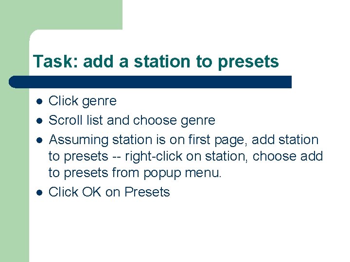 Task: add a station to presets l l Click genre Scroll list and choose