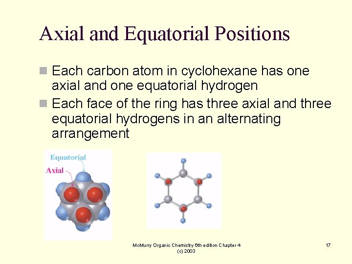 Axial and Equatorial Positions n Each carbon atom in cyclohexane has one axial and