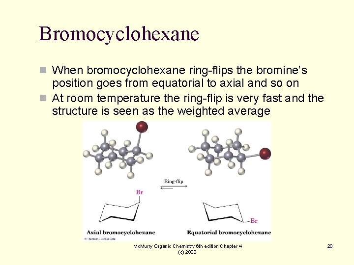 Bromocyclohexane n When bromocyclohexane ring-flips the bromine’s position goes from equatorial to axial and