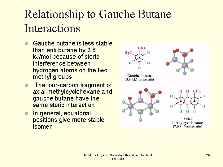 Relationship to Gauche Butane Interactions n Gauche butane is less stable than anti butane