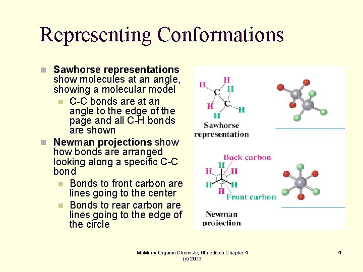 Representing Conformations n Sawhorse representations show molecules at an angle, showing a molecular model