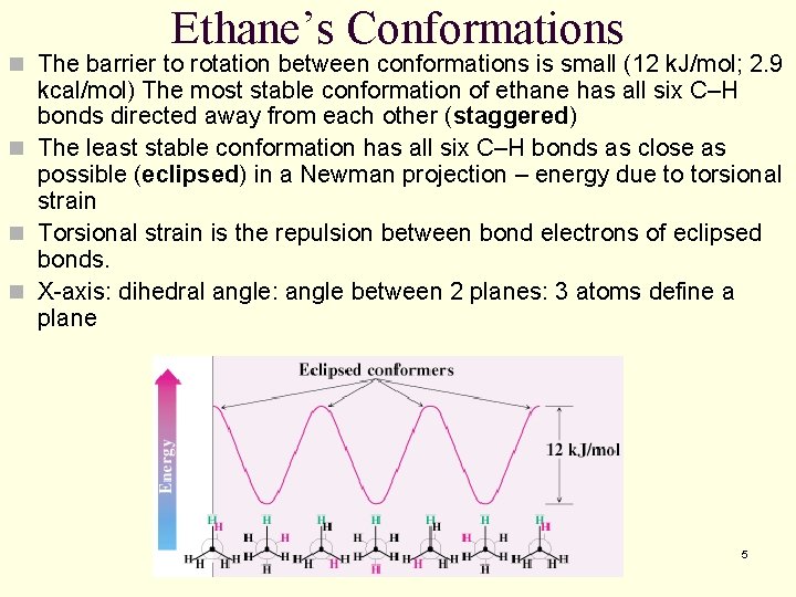 Ethane’s Conformations n The barrier to rotation between conformations is small (12 k. J/mol;
