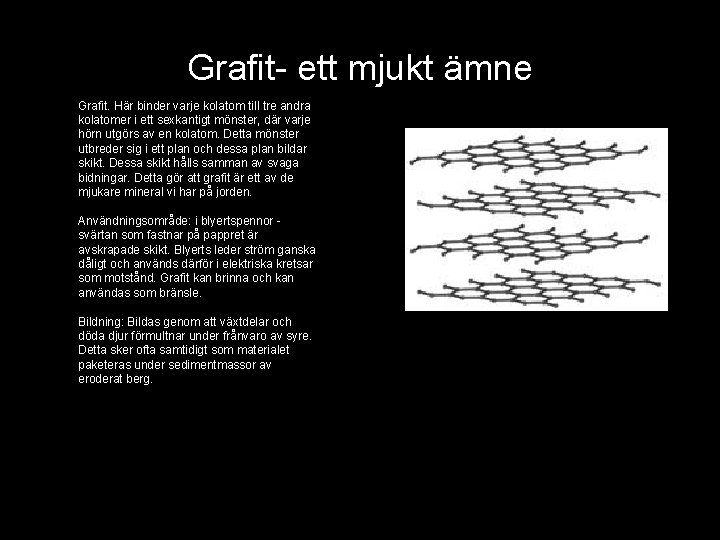 Grafit- ett mjukt ämne Grafit. Här binder varje kolatom till tre andra kolatomer i