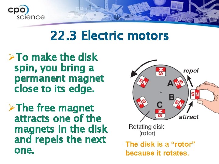 22. 3 Electric motors ØTo make the disk spin, you bring a permanent magnet