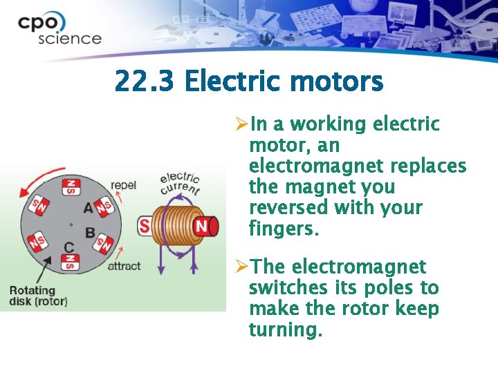 22. 3 Electric motors ØIn a working electric motor, an electromagnet replaces the magnet 22. 3 Electric motors ØIn a working electric motor, an electromagnet replaces the magnet