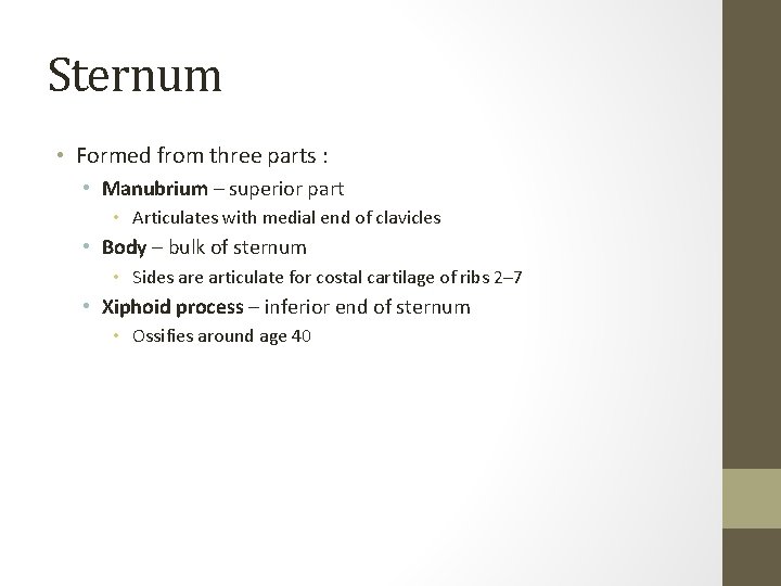 Sternum • Formed from three parts : • Manubrium – superior part • Articulates