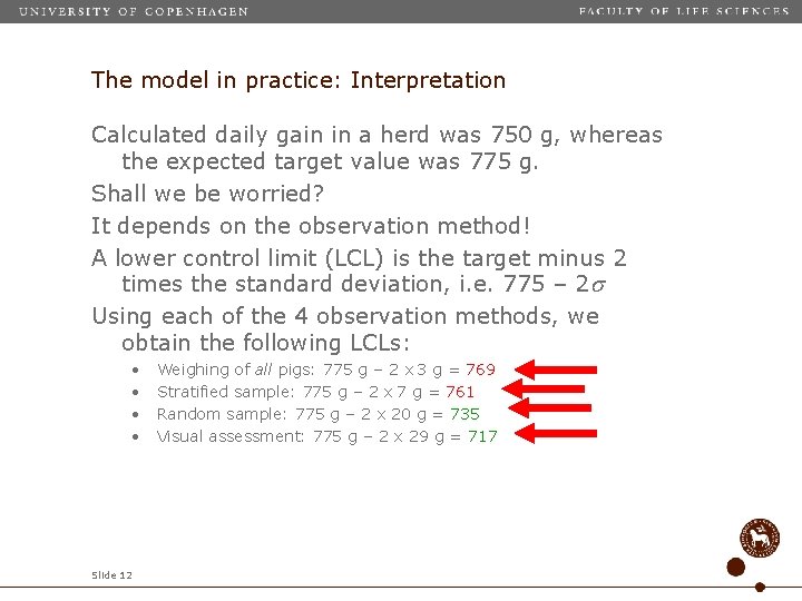 The model in practice: Interpretation Calculated daily gain in a herd was 750 g,