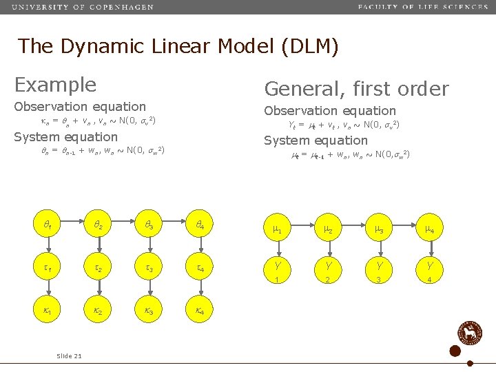 The Dynamic Linear Model (DLM) Example General, first order Observation equation n = n