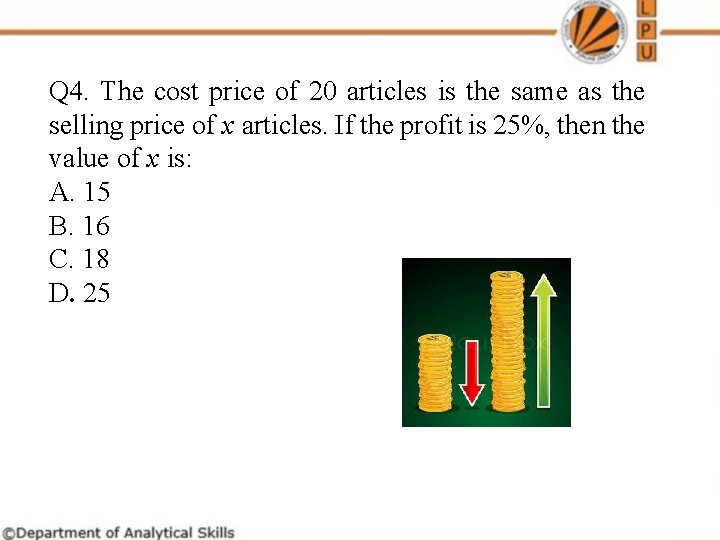 Q 4. The cost price of 20 articles is the same as the selling Q 4. The cost price of 20 articles is the same as the selling