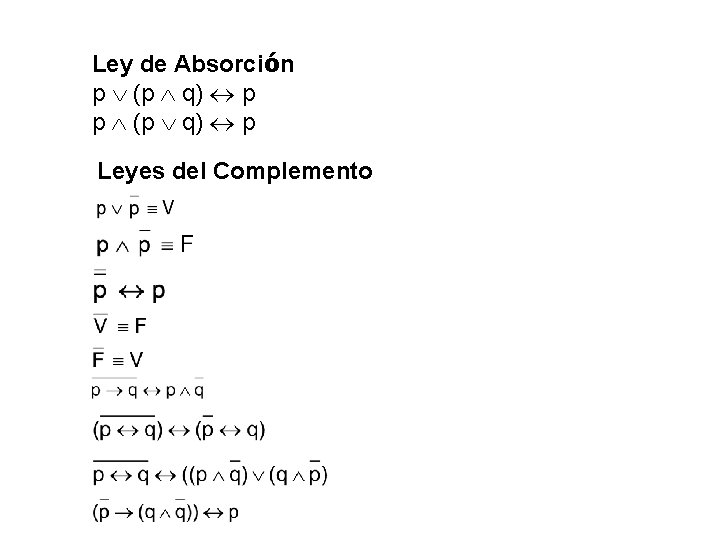 Ley de Absorción p (p q) p Leyes del Complemento Ley de Absorción p (p q) p Leyes del Complemento