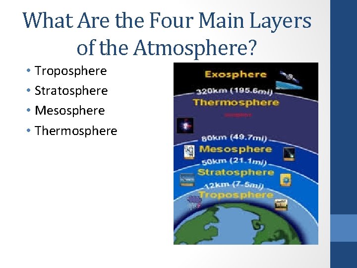 What Are the Four Main Layers of the Atmosphere? • Troposphere • Stratosphere •