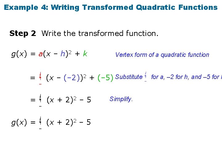 Example 4: Writing Transformed Quadratic Functions Step 2 Write the transformed function. g(x) =