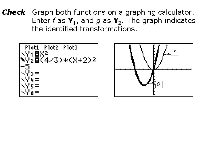 Check Graph both functions on a graphing calculator. Enter f as Y 1, and