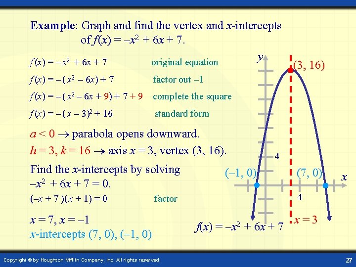 Example: Graph and find the vertex and x-intercepts of f (x) = –x 2