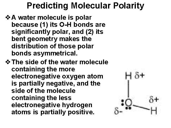 Predicting Molecular Polarity v A water molecule is polar because (1) its O-H bonds