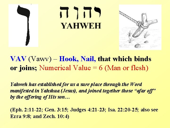 VAV (Vawv) – Hook, Nail, that which binds or joins; Numerical Value = 6
