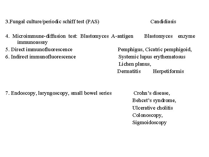 3. Fungal culture/periodic schiff test (PAS) Candidiasis 4. Microimmune-diffusion test: Blastomyces A-antigen Blastomyces enzyme 3. Fungal culture/periodic schiff test (PAS) Candidiasis 4. Microimmune-diffusion test: Blastomyces A-antigen Blastomyces enzyme