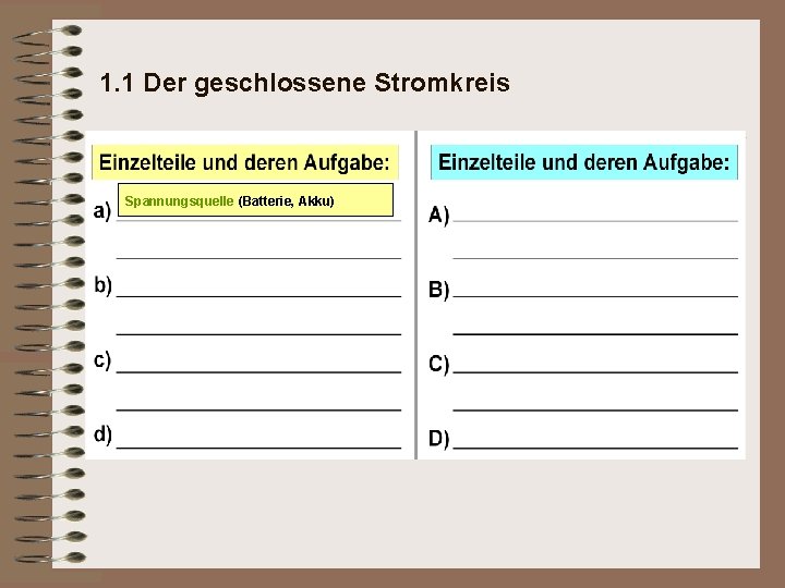 1. 1 Der geschlossene Stromkreis Spannungsquelle (Batterie, Akku) 