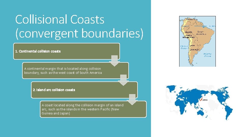 Collisional Coasts (convergent boundaries) 1. Continental collision coasts A continental margin that is located