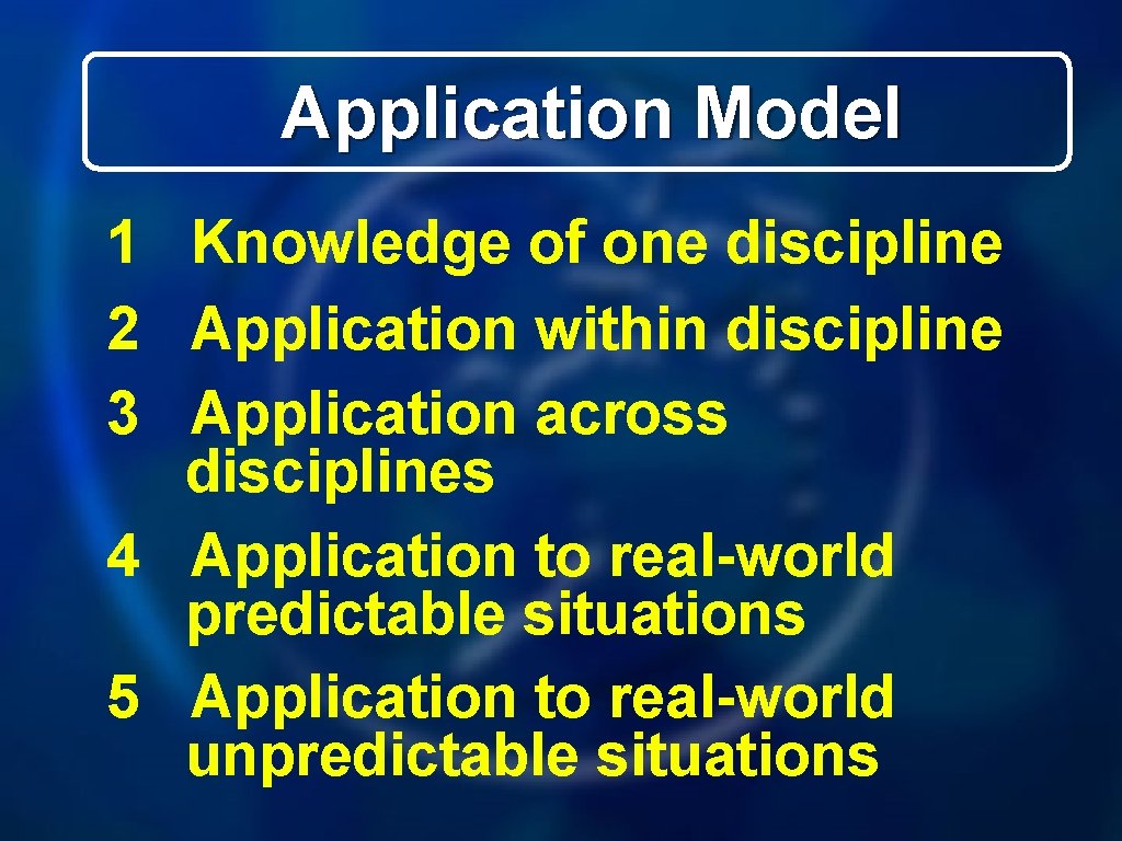 Application Model 1 Knowledge of one discipline 2 Application within discipline 3 Application across