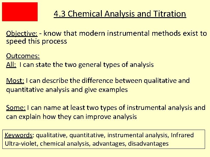 4. 3 Chemical Analysis and Titration Objective: - know that modern instrumental methods exist