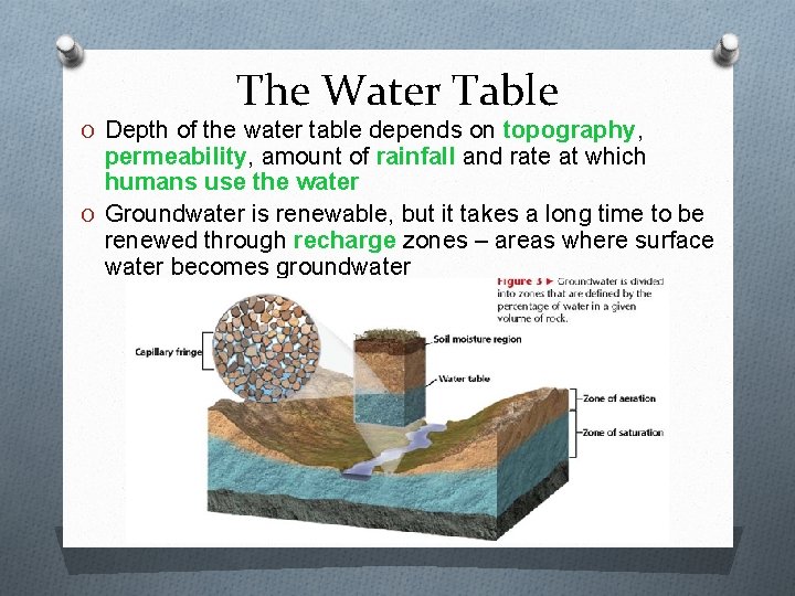 The Water Table O Depth of the water table depends on topography, permeability, amount