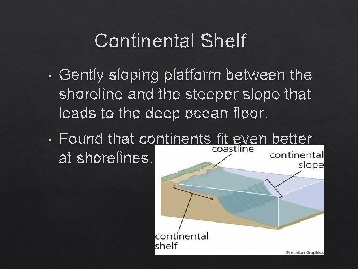 Continental Shelf • Gently sloping platform between the shoreline and the steeper slope that