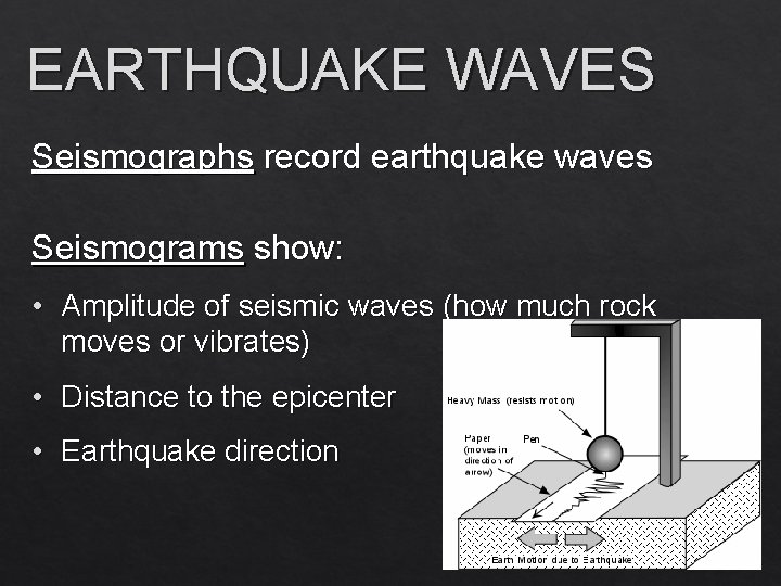 EARTHQUAKE WAVES Seismographs record earthquake waves Seismograms show: • Amplitude of seismic waves (how