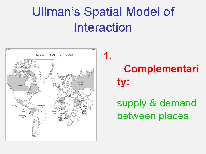 Ullman’s Spatial Model of Interaction 1. Complementari ty: supply & demand between places 