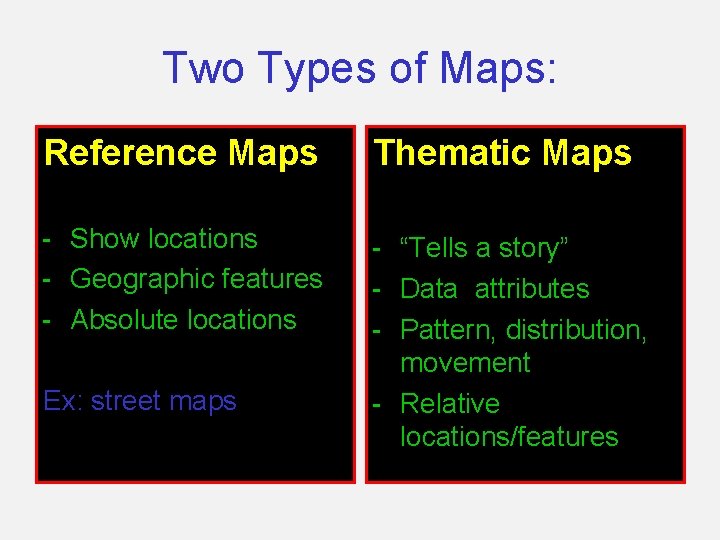 Two Types of Maps: Reference Maps Thematic Maps - Show locations - Geographic features