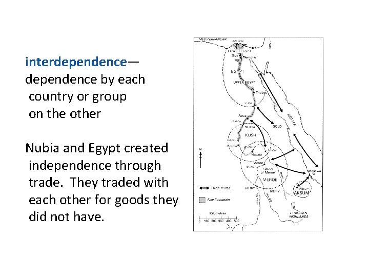interdependence— dependence by each country or group on the other Nubia and Egypt created interdependence— dependence by each country or group on the other Nubia and Egypt created