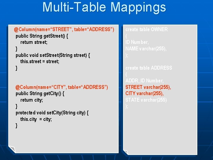 Multi-Table Mappings @Column(name=“STREET”, table=“ADDRESS”) public String get. Street() { return street; } public void