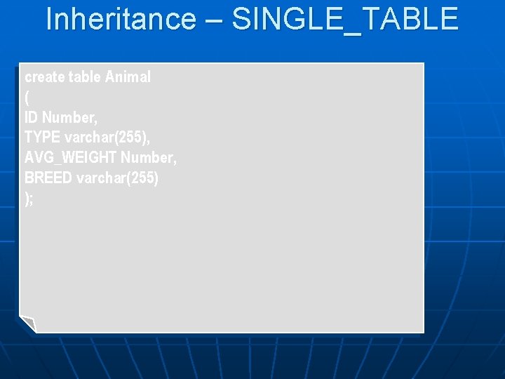 Inheritance – SINGLE_TABLE create table Animal ( ID Number, TYPE varchar(255), AVG_WEIGHT Number, BREED