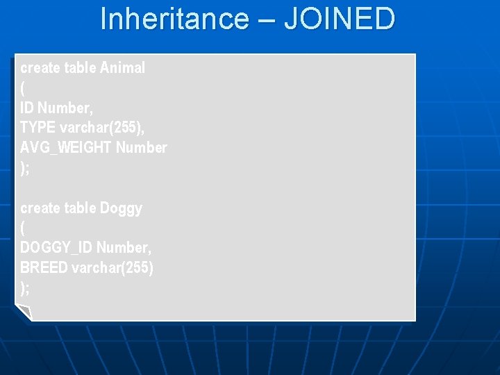 Inheritance – JOINED create table Animal ( ID Number, TYPE varchar(255), AVG_WEIGHT Number );