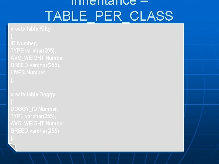 Inheritance – TABLE_PER_CLASS create table Kitty ( ID Number, TYPE varchar(255), AVG_WEIGHT Number BREED