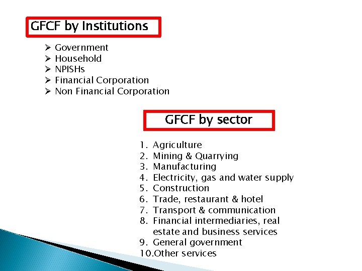GFCF by Institutions Ø Ø Ø Government Household NPISHs Financial Corporation Non Financial Corporation