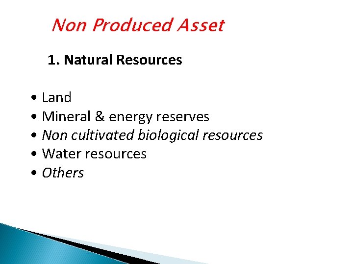 Non Produced Asset 1. Natural Resources • Land • Mineral & energy reserves •