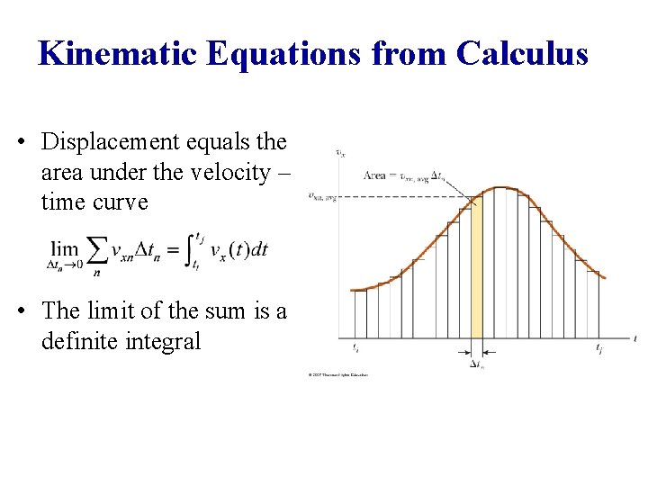 Kinematic Equations from Calculus • Displacement equals the area under the velocity – time