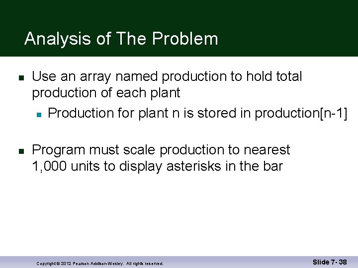 Analysis of The Problem n n Use an array named production to hold total