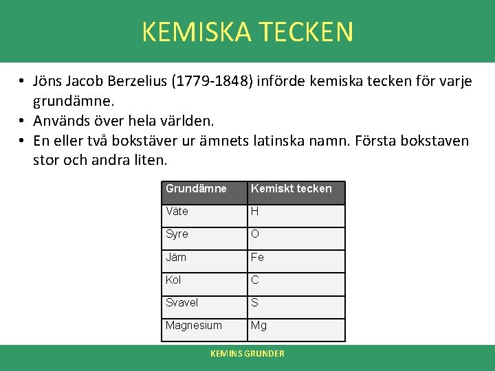 KEMISKA TECKEN • Jöns Jacob Berzelius (1779 -1848) införde kemiska tecken för varje grundämne.