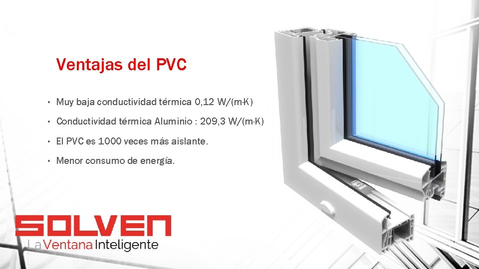 Ventajas del PVC • Muy baja conductividad térmica 0, 12 W/(m·K) • Conductividad térmica
