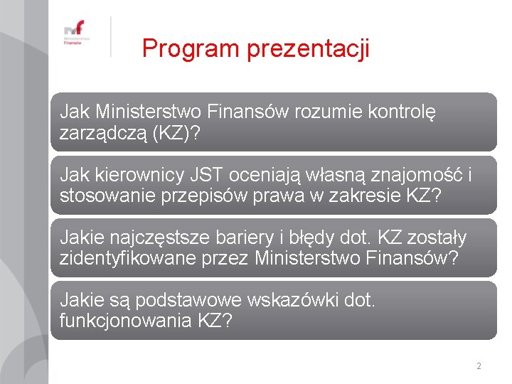Program prezentacji Jak Ministerstwo Finansów rozumie kontrolę zarządczą (KZ)? Jak kierownicy JST oceniają własną