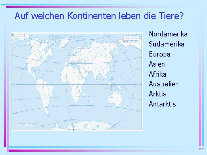 Auf welchen Kontinenten leben die Tiere? Nordamerika Südamerika Europa Asien Afrika Australien Arktis Antarktis