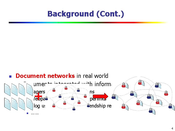 Background (Cont. ) n Document networks in real world n Documents integrated with information Background (Cont. ) n Document networks in real world n Documents integrated with information